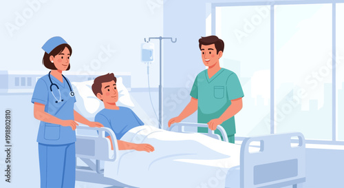 Medical team attends to patient in hospital bed with nurse and doctor nearby