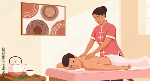 A woman gives a relaxing massage to a man on a pink massage table in a serene spa room with a brown table and kettle.