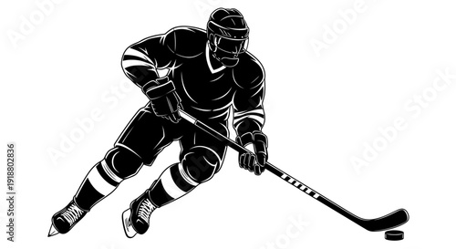 Hockey player in action skating with puck and stick on ice