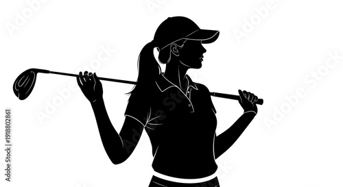 A woman in silhouette prepares to swing a golf club outdoors.
