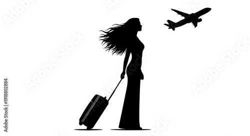 Woman pulling suitcase watches airplane take off in the distance at airport