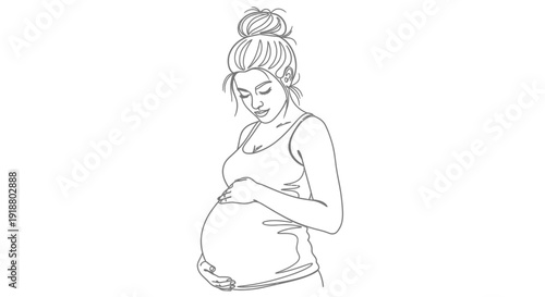 Pregnant woman smiling while touching her belly in a serene indoor setting