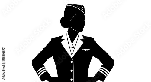 Illustration shows a confident flight attendant standing with hands on hips.