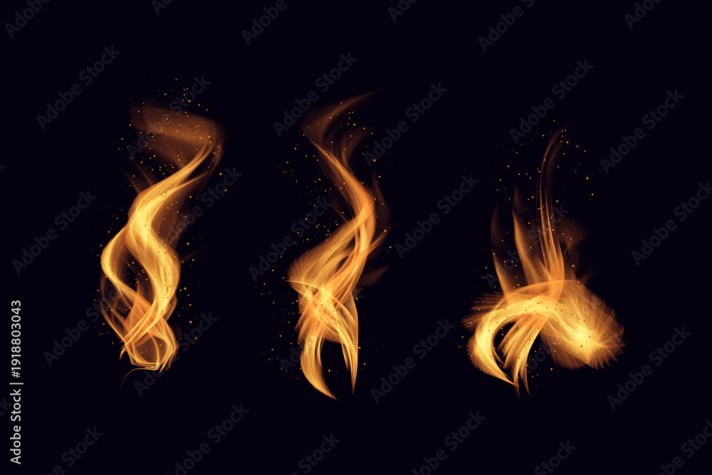 Fototapeta premium Three orange flames on a black background with sparks flying