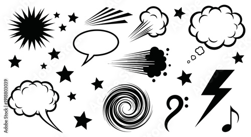 Comics scene with explosion, speech bubbles, stars, and music notes in a digital illustration