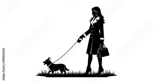 Woman walks dog in park with leash and handbag on sunny day