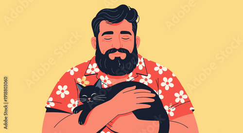 A man tenderly hugs a black cat in his arms indoors.