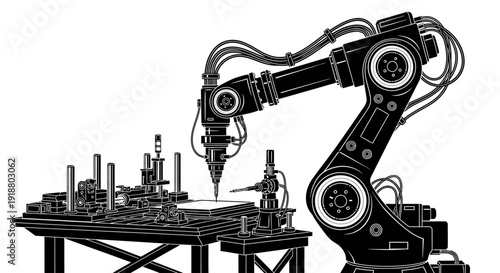 A robotic arm assembles mechanical parts on an industrial workstation efficiently.
