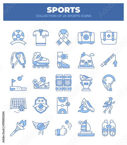 Collection of 25 Sports Icons.  Athletic Equipment. Games. and Activities