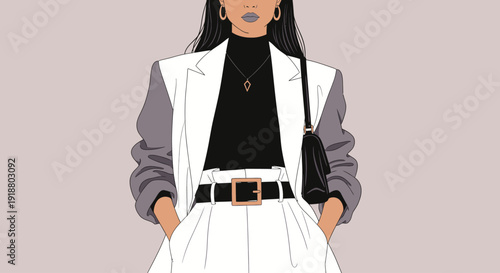 Fashion illustration of a woman wearing a white jacket and black top standing with hands in pockets.