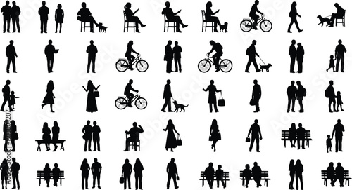Silhouettes of diverse people standing, sitting, cycling, walking dogs, couples, everyday activities, human interaction, vector illustration design