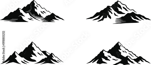 Minimalist black mountain silhouette set, abstract alpine peaks vector illustration collection, isolated landscape icons for logo design, branding, outdoor adventure, and nature themes