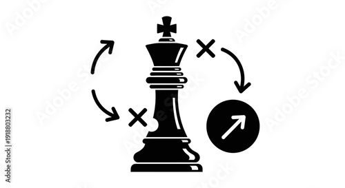 A chess piece moves strategically with arrows and symbols around it.