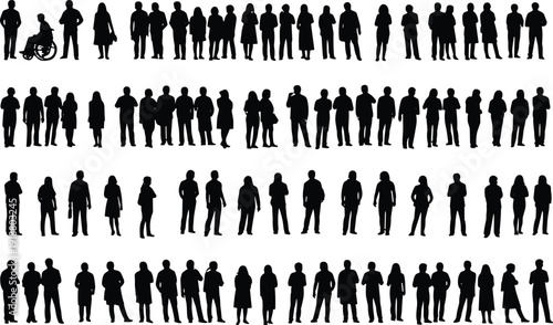Silhouettes of diverse people standing, wheelchair user included, human figures in rows, casual postures, crowd diversity, vector illustration design