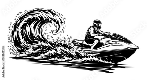 A person rides a jet ski through a large wave on the ocean