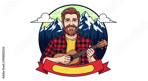 A smiling man with a guitar plays music in front of mountains.