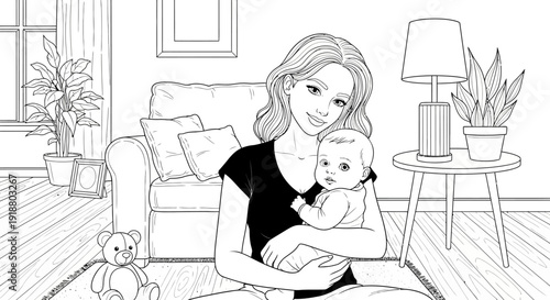 A mother breastfeeding her baby on a couch in a cozy living room with a teddy bear