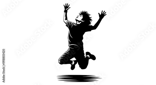 Person jumping up with arms raised in joyful celebration outdoors