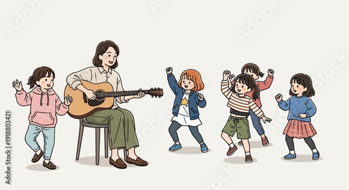 A woman plays guitar while children dance around her lively outdoors