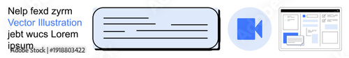 User interface design, communication, software wireframing, digital tools, content creation, app development. Visuals include text fields, video icon and wireframe layout. Communication and digital