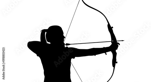 A female archer takes aim with her bow and arrow in a focused stance.