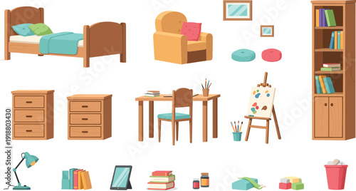 Kids bedroom interior furniture and study room elements with bed armchair desk bookshelf and school supplies vector set.