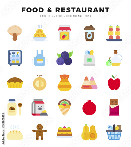 Vector icons set of Food and Restaurant. Flat style Icons.