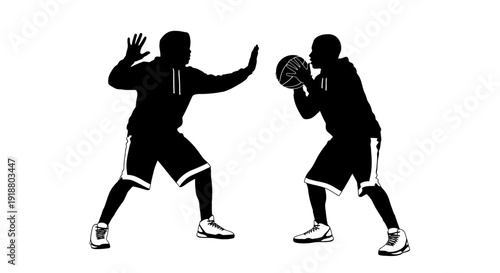 Two basketball players in action on the court with ball and defense