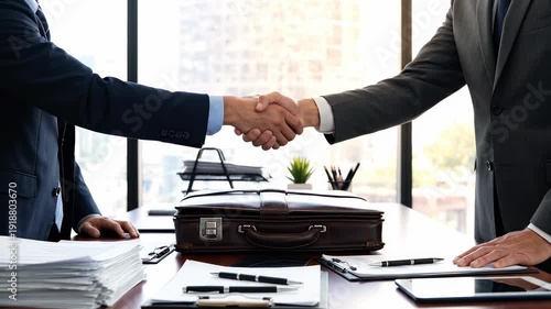 Agreement in the Boardroom: Two professionals seal a deal with a firm handshake. conveying trust, collaboration, and a shared commitment to success.