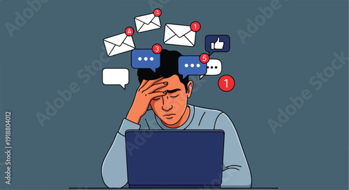 Stressed Man Overwhelmed by Digital Notifications and Social Media Overload Illustration