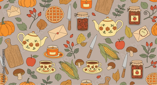 Autumn Harvest Food and Drink Flat Lay Pattern Illustration