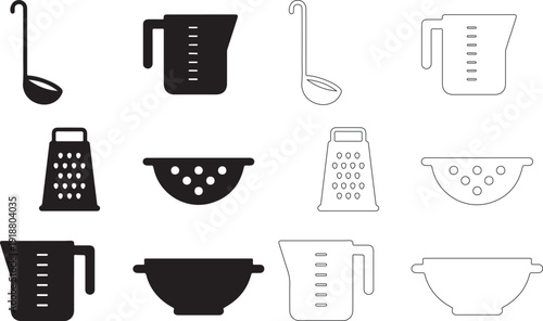Set of Kitchen Utensil Icons. Solid and Line Style Vector Illustration. isolated PNG with Transparent Background