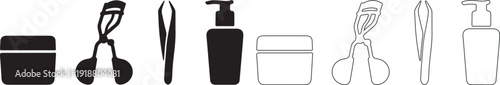 Cosmetic Beauty Product Icons Set. Black Solid and Outline Vector Collection. isolated PNG with Transparent Background