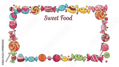 A cute and playful rectangular frame made of colorful cartoon candies with smiling faces, with 'Sweet Food' text inside the blank white copy space.