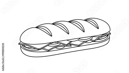 A clean black and white outline illustration of a long submarine sandwich, showing layers of fillings, perfect for coloring pages or menu icons.