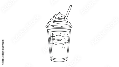 A simple black and white outline illustration of a frappe or smoothie in a plastic cup with whipped cream and a straw, ideal for cafe menus.
