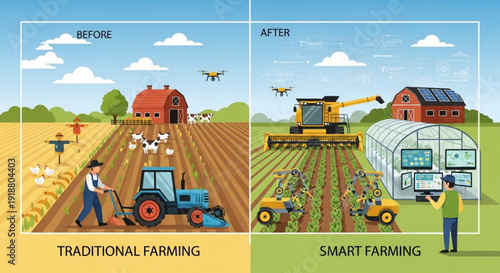 Traditional farming vs smart farming agricultural technology illustration