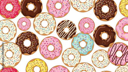 A vibrant and chaotic seamless pattern background filled with a variety of colorful cartoon donuts with different frostings and sprinkles, perfect for bakery branding.