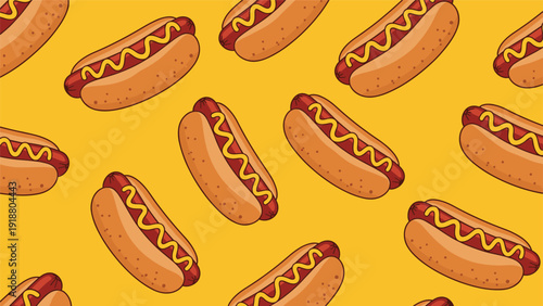A bright and fun seamless pattern of cartoon hot dogs with mustard on a vibrant yellow background, great for fast food packaging or promotional materials.