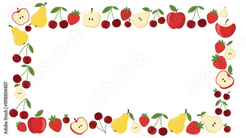 A healthy and vibrant rectangular frame made from fresh fruits like apples, pears, strawberries, and cherries, with a blank white space in the center.