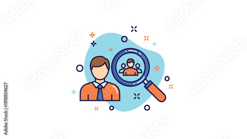 A colorful modern icon showing a person and a magnifying glass focused on a group, symbolizing recruitment, human resources, finding talent, or customer research.