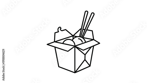 A simple black and white line art illustration of an open Chinese food takeout box with noodles and chopsticks, perfect for a menu or food icon.