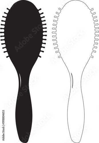 Set of hair brush vector icons. Black silhouette and white line art, minimalist style. isolated PNG with Transparent Background