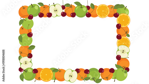 A bright and cheerful rectangular frame made from a colorful assortment of fresh fruits, including green apples, oranges, and red cherries, with a blank center.