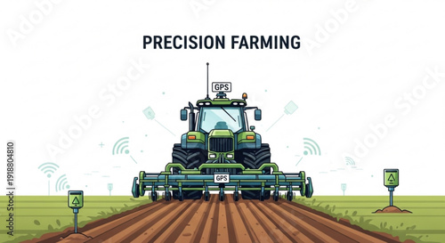 Tractor with precision farming technology plowing field rows with satellite guidance and sensor signals