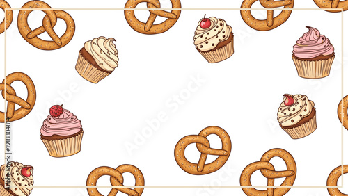 A sweet and decorative background featuring a frame of pretzels and cupcakes with cherry and raspberry toppings, with a blank white center for text.