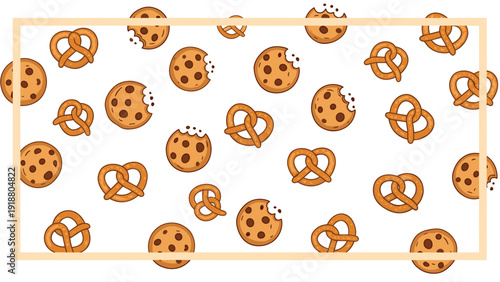 A charming background design featuring a pattern of chocolate chip cookies and pretzels within a light orange rectangular frame, creating a sweet and salty theme.