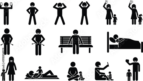 Silhouettes of human emotions, parenting, financial distress, caregiving, social interaction icons illustration, expressive figures design concept art