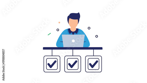 A modern flat design icon of a person at a desk with a laptop, connected to three checkboxes below, symbolizing multitasking, task management, or project completion.