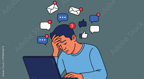Stressed Man Overwhelmed by Social Media Notifications and Laptop Overload Vector Illustration